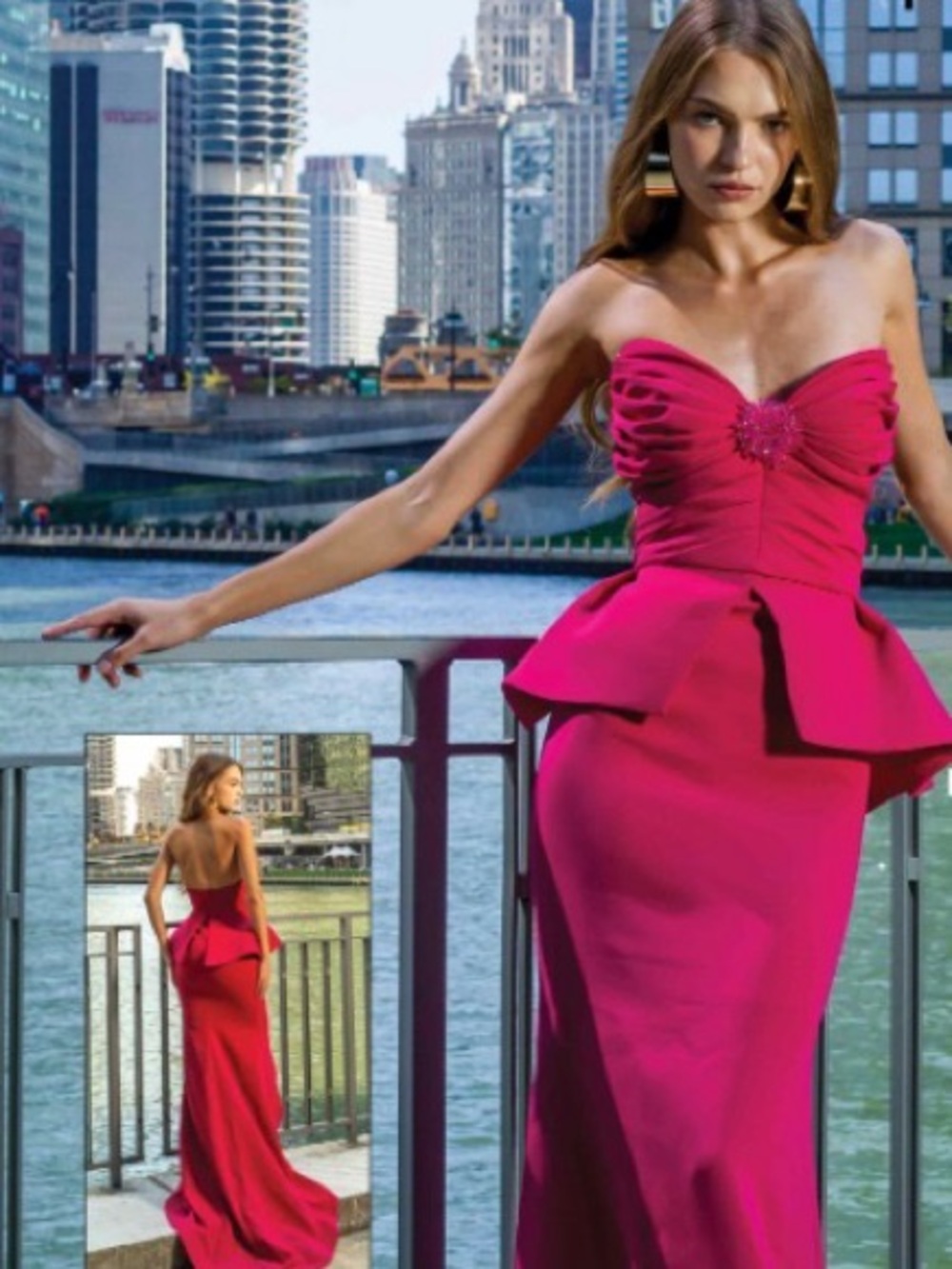 Strapless Fuchsia Peplum Evening Dress